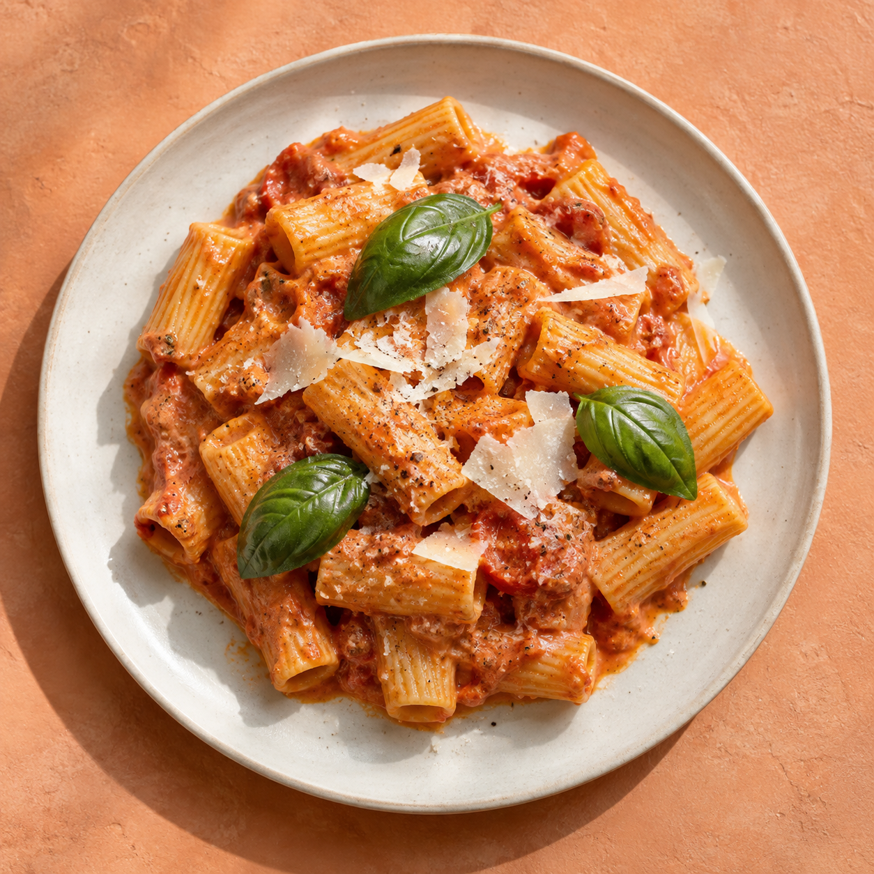 Rigatoni with tomato sauce, parmesan and basil